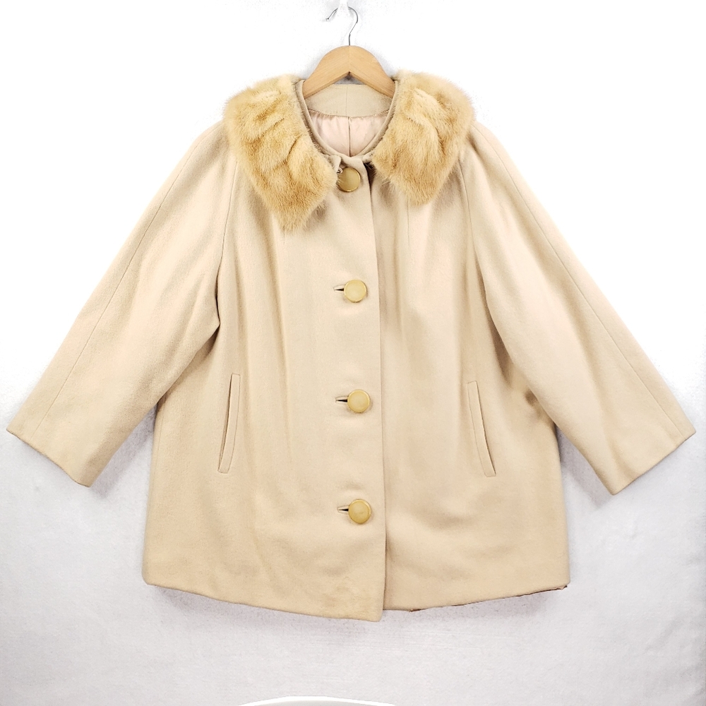 Vintage 60s 100% Cashmere Women's Tan Winter Coat Fur Jacket